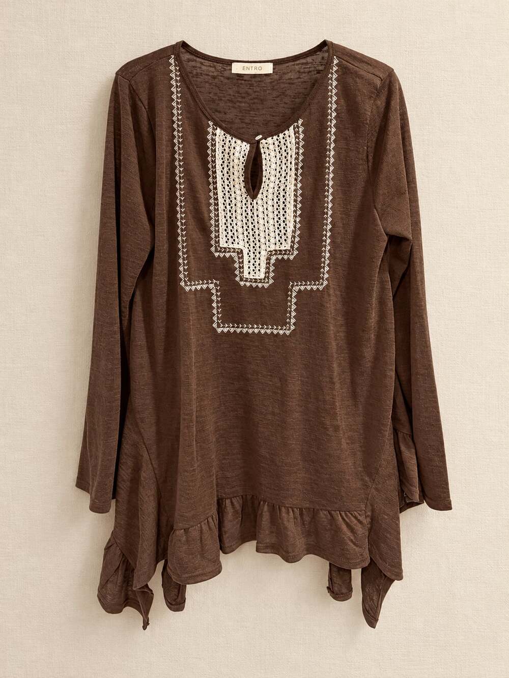 NWOT Entro Tunic Top Womens Brown w White Lace Embroidered Sz L